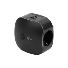 Тройник ЭРА SP-3e-USB-BLACK 3гн, 220V+2xUSB 2100mA c заземл, со шт, черный