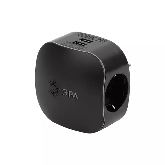 Тройник ЭРА SP-3e-USB-BLACK 3гн, 220V+2xUSB 2100mA c заземл, со шт, черный