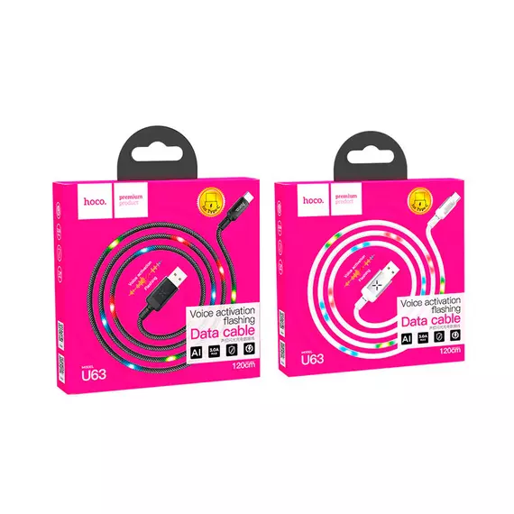 HOCO U63 Spirit для передачи данных и зарядки USB-Type-C, LED подсветка активируется звуком, 3А, 1.2м, черный