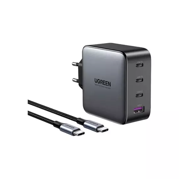 Зарядное устройство + кабель UGREEN CD226 (3xType-C, 1xUSB-A, 100W, GaN, быстрая зарядка, кабель Type-C-Type-C 1.5M 100W, серый) 90575