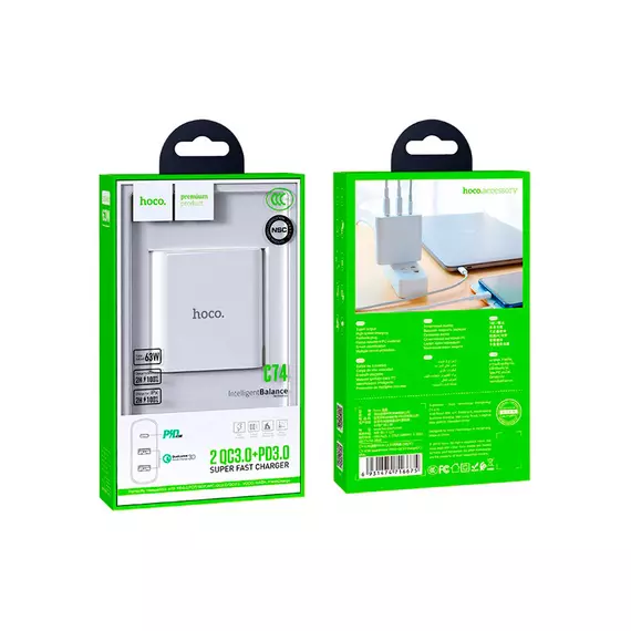 HOCO C74 Speedmaster 63Вт, 2xUSB, 1xType-C, белый