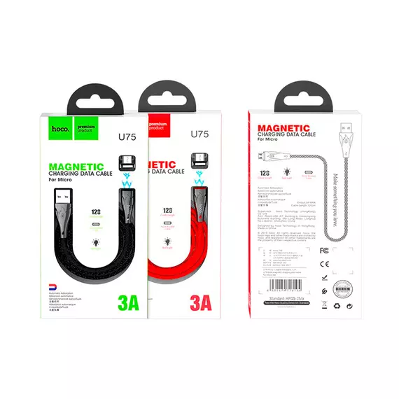 HOCO U75 Blaze для передачи данных и зарядки USB-microUSB, магнитный коннектор, 3A, 1.2м, черный