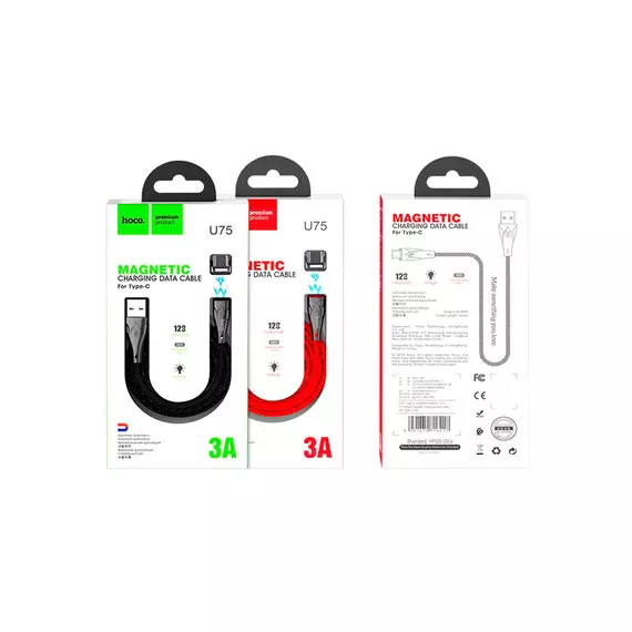 HOCO U75 Blaze для передачи данных и зарядки USB-Type-C, магнитный коннектор, 3A, 1.2м, черный